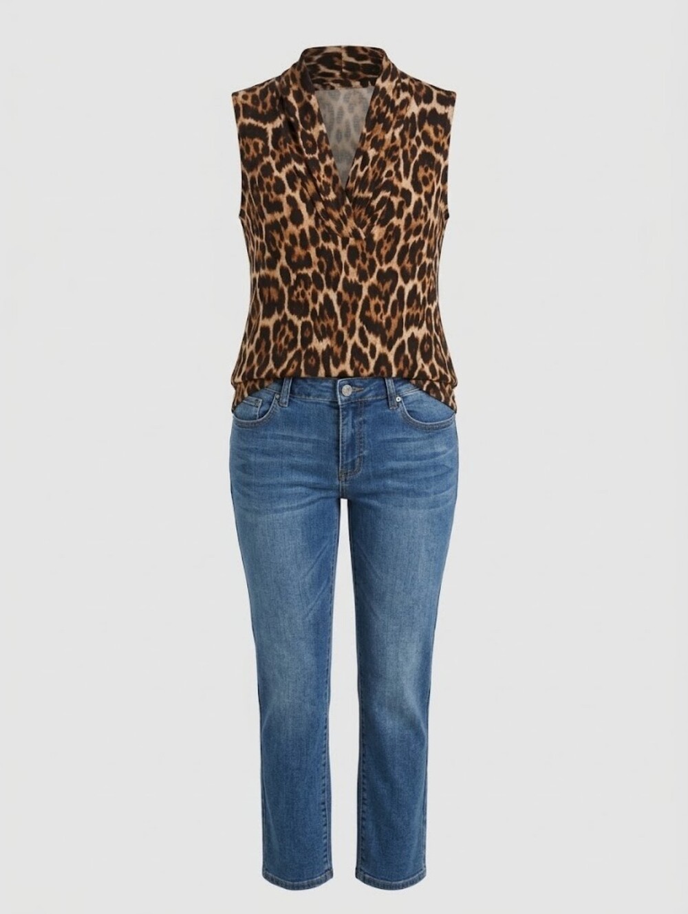 Anne Klein Leopard Print Sleeveless V-Neck Top - Brown/Black